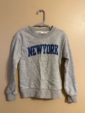 Lola + The Boys Gray 'New York' Sweatshirt with Blue Sequin Lettering